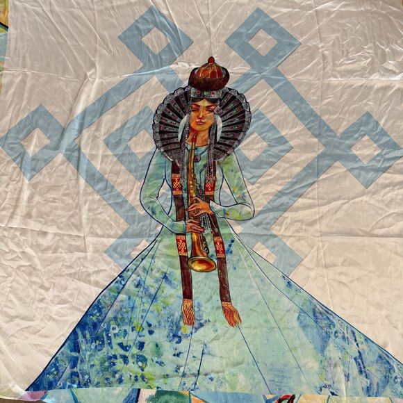 100% Silk Scarf Mongolian Art Print Woman‎ with Instrument Large Square Wrap - Picture 1 of 6
